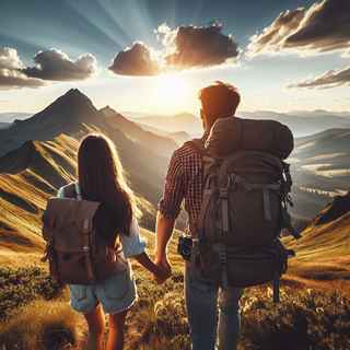 A young boy and girl watch the sunrise at the mountain.