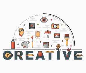Creative design concept illustration showing art tools, symbols, and icons representing imagination, clarity, and innovation in logo design.
