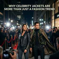 Featured banner showing stylish models in celebrity-inspired jackets with red carpet lights and the article title in the center.
