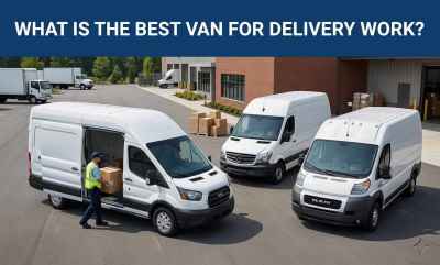 Fleet of commercial vehicles outside a warehouse with text overlay: What is the best van for delivery work?