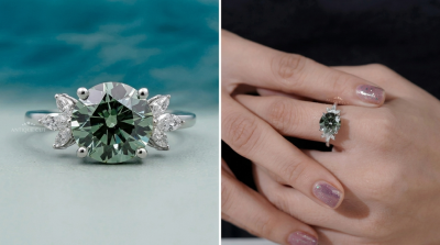 Round green lab grown diamond engagement ring with marquise side stones in white gold displayed close-up and worn on hand