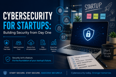 Cybersecurity for startups illustration featuring a secure laptop, digital shield, data protection icons, and a modern startup workspace.